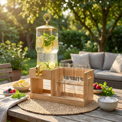 Glass Beverage Dispenser with Tumblers & Stand Set Clear