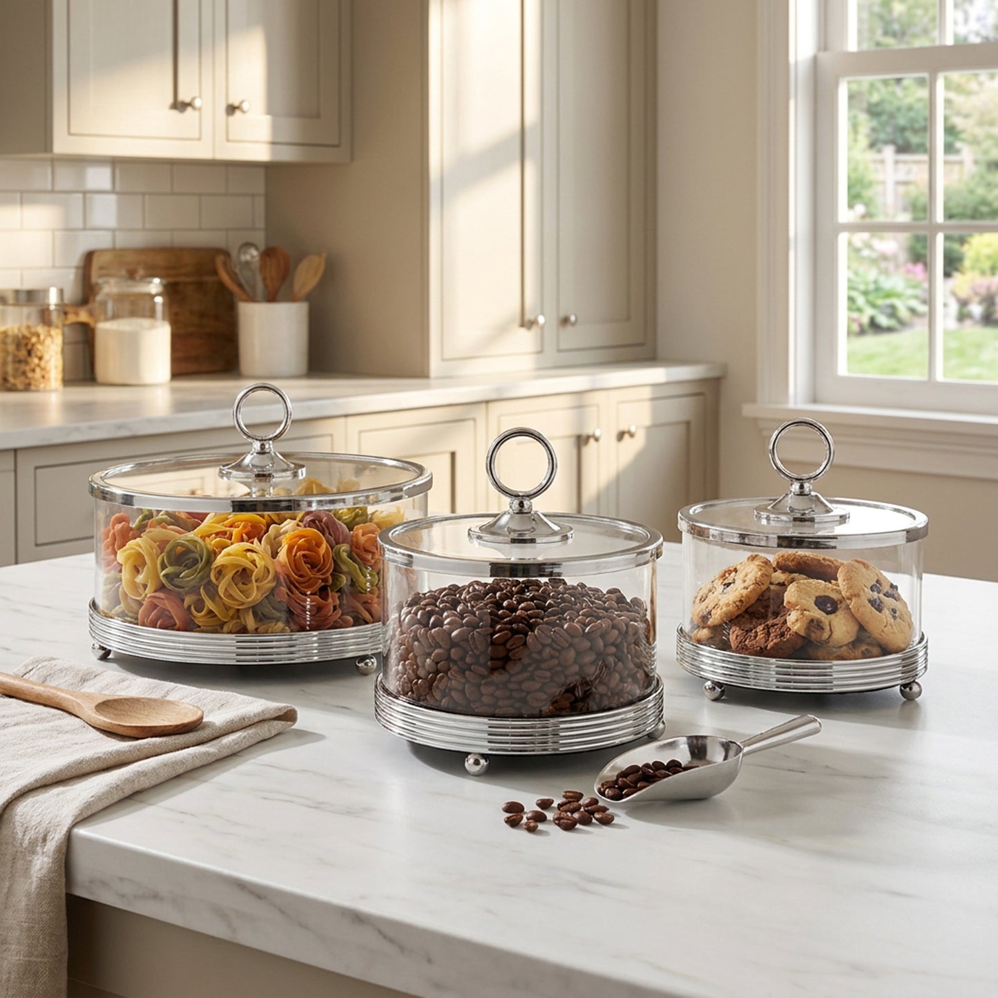 3 Piece Tray Set with Domes Silver