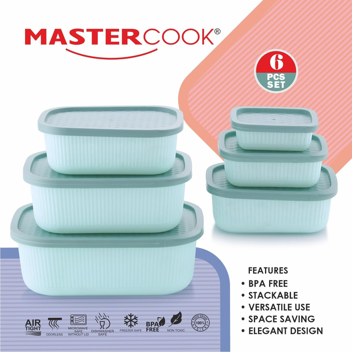 Mastercook Marina 6 Piece Rectangular Container Set Green