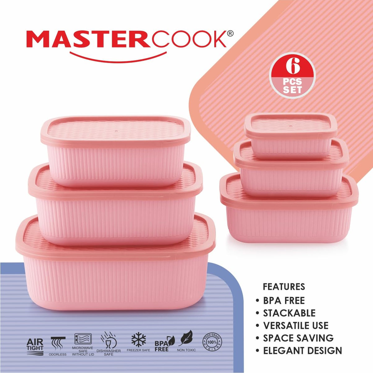 Mastercook Marina 6 Piece Rectangular Container Set Pink