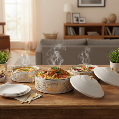 3 Piece Food Warmer Set Gold & White