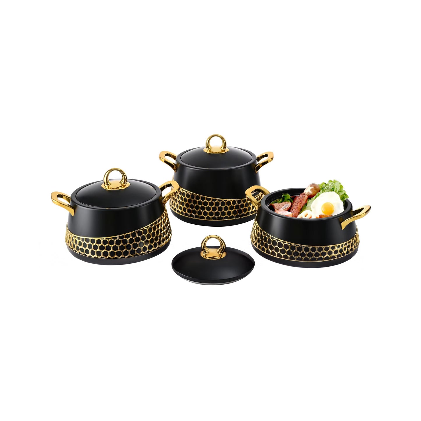 Kitchen Life 3 Piece Stainless Steel Hot Pot Set Plain Black & Gold