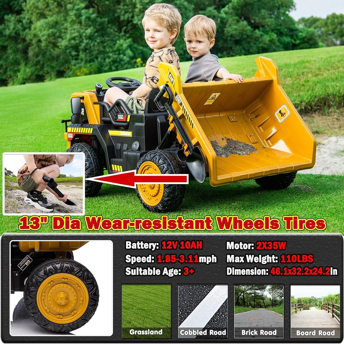 12V 2 Seater Kids Ride-On Construction Dump Truck with Electric Dump Bed - PH007