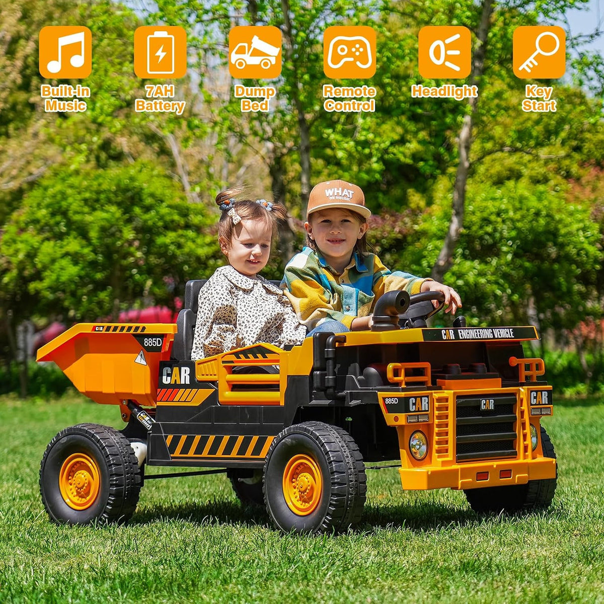 12V 2 Seater Kids Ride-On Construction Dump Truck with Electric Dump Bed - PH007