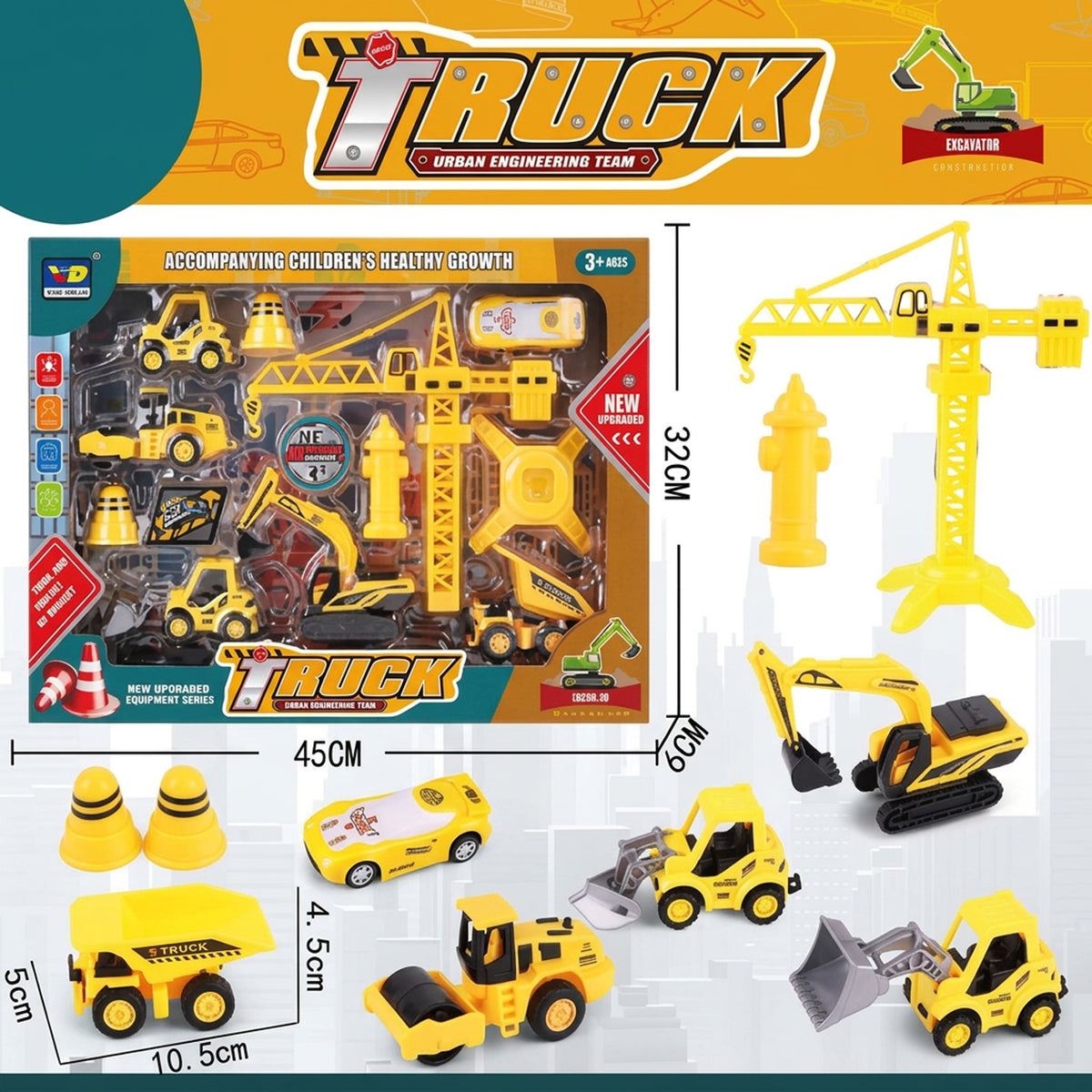 Pull Back Construction Truck & Crane Set Yellow