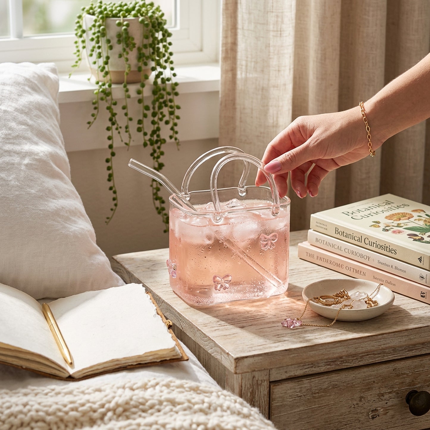 Purse Drinking Glass with Straw Clear