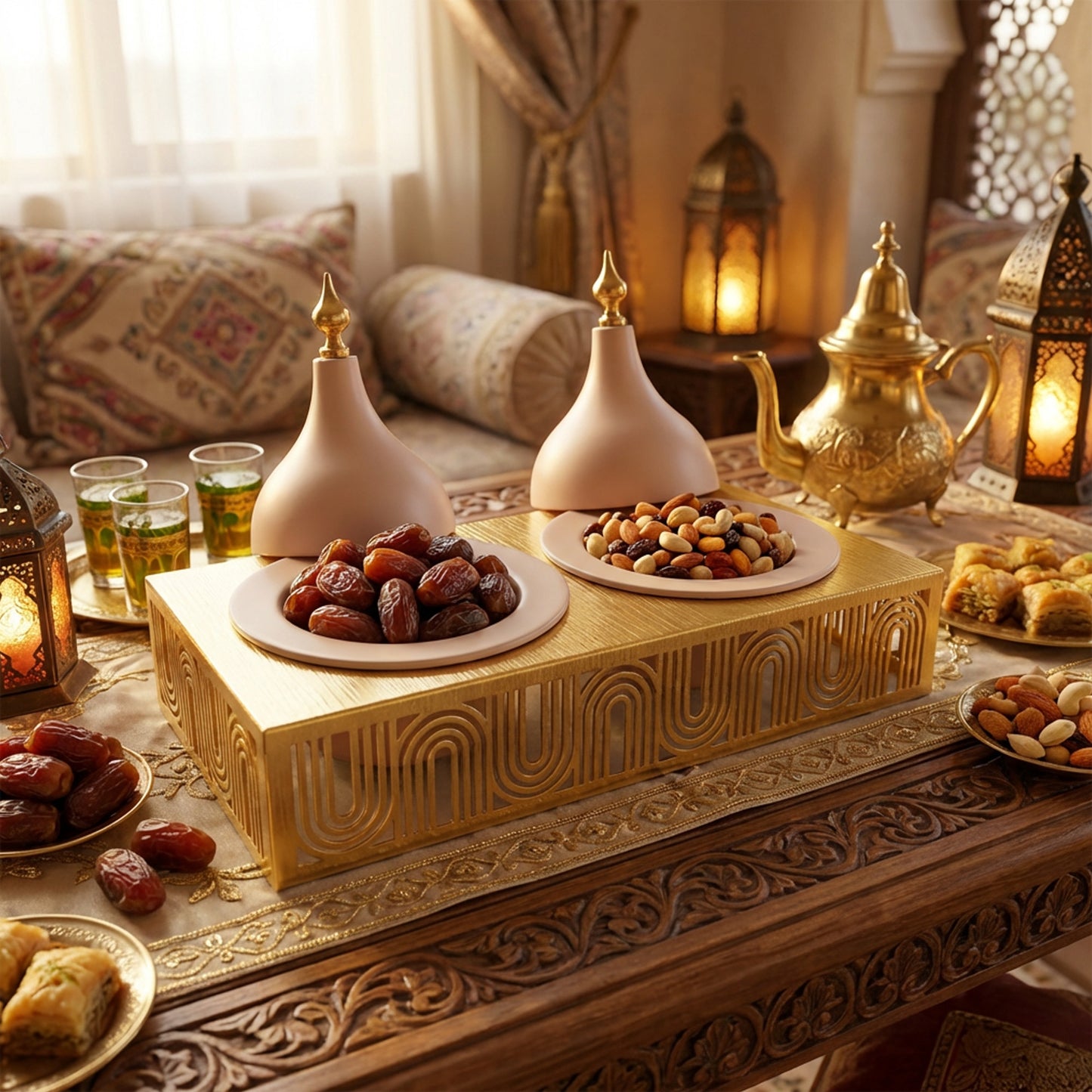 2 Compartment Snack Server with Domes Cream & Gold