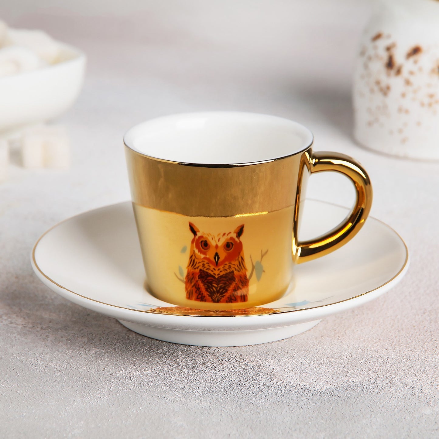 Reflective Owl Design Cup & Saucer Set Gold & White