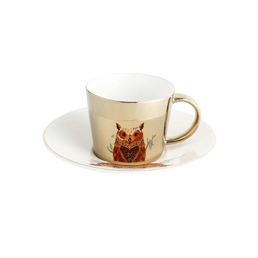 Reflective Owl Design Cup & Saucer Set Gold & White