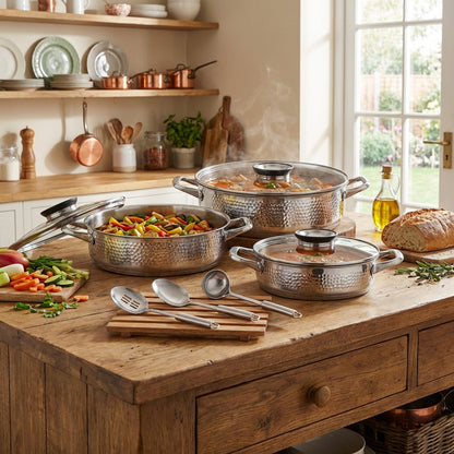 Rolux 9 Piece Hammered Cookware Set Silver