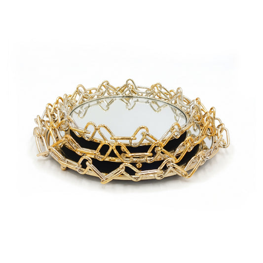 3 Piece Chain Design Metal Tray Set Gold