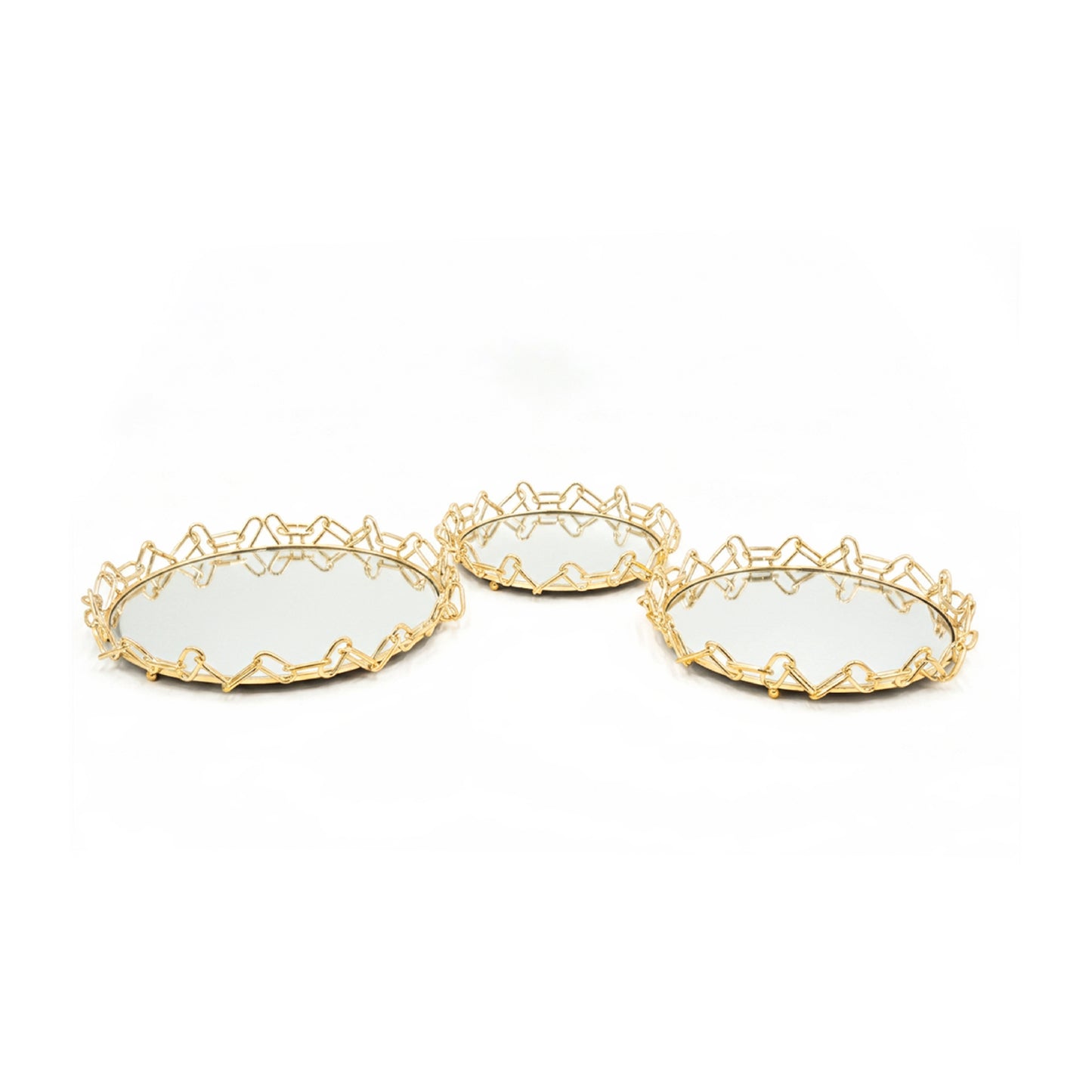 3 Piece Chain Design Metal Tray Set Gold