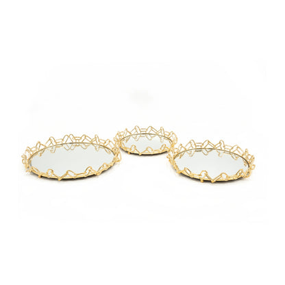 3 Piece Chain Design Metal Tray Set Gold