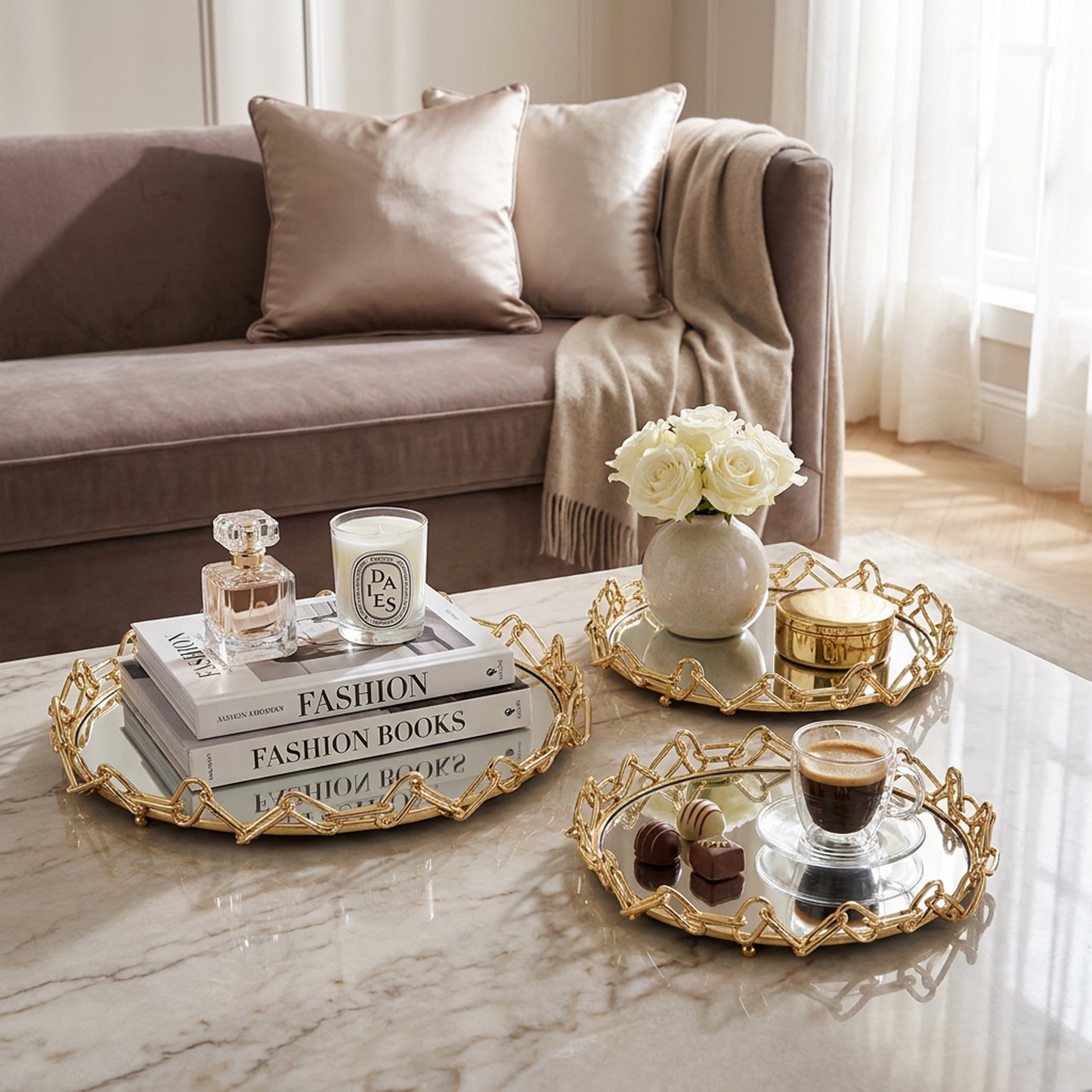 3 Piece Chain Design Metal Tray Set Gold