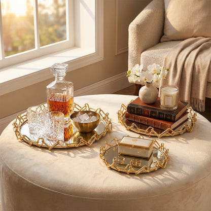 3 Piece Chain Design Metal Tray Set Gold