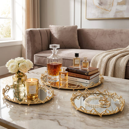 3 Piece Chain Design Metal Tray Set Gold