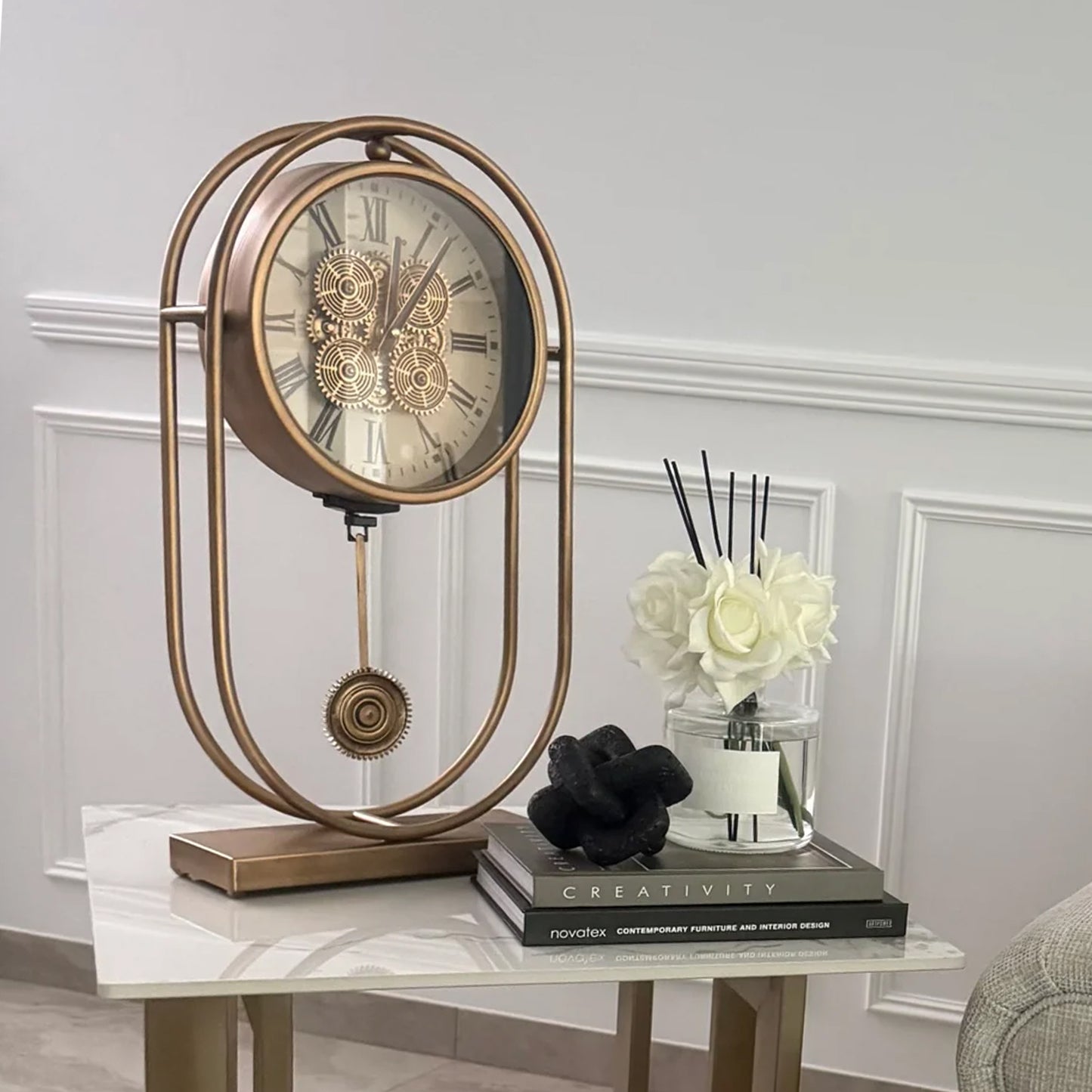 Rustic Pendulum Moving Gears Desk Clock Gold