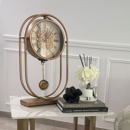 Rustic Pendulum Moving Gears Desk Clock Gold