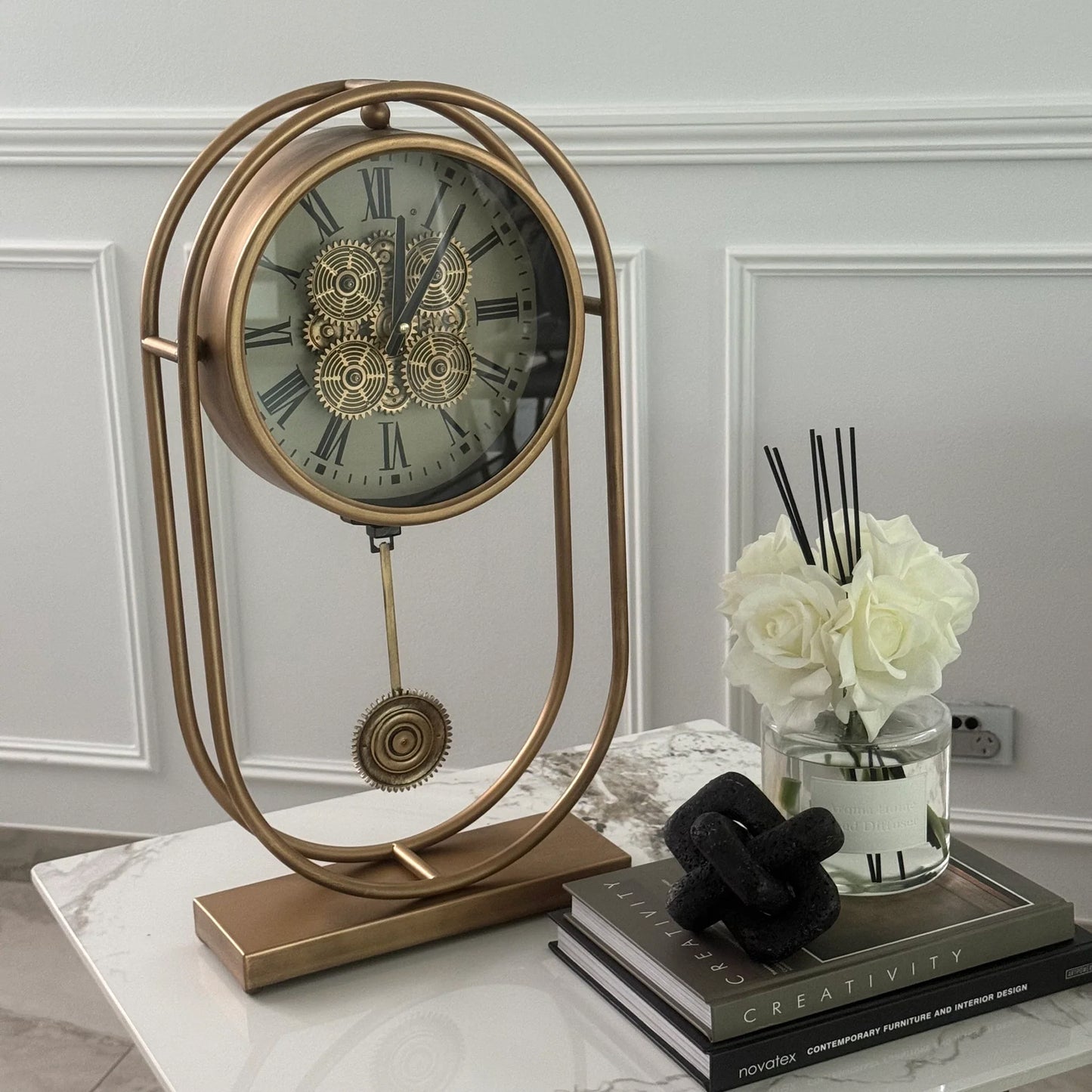 Rustic Pendulum Moving Gears Desk Clock Gold