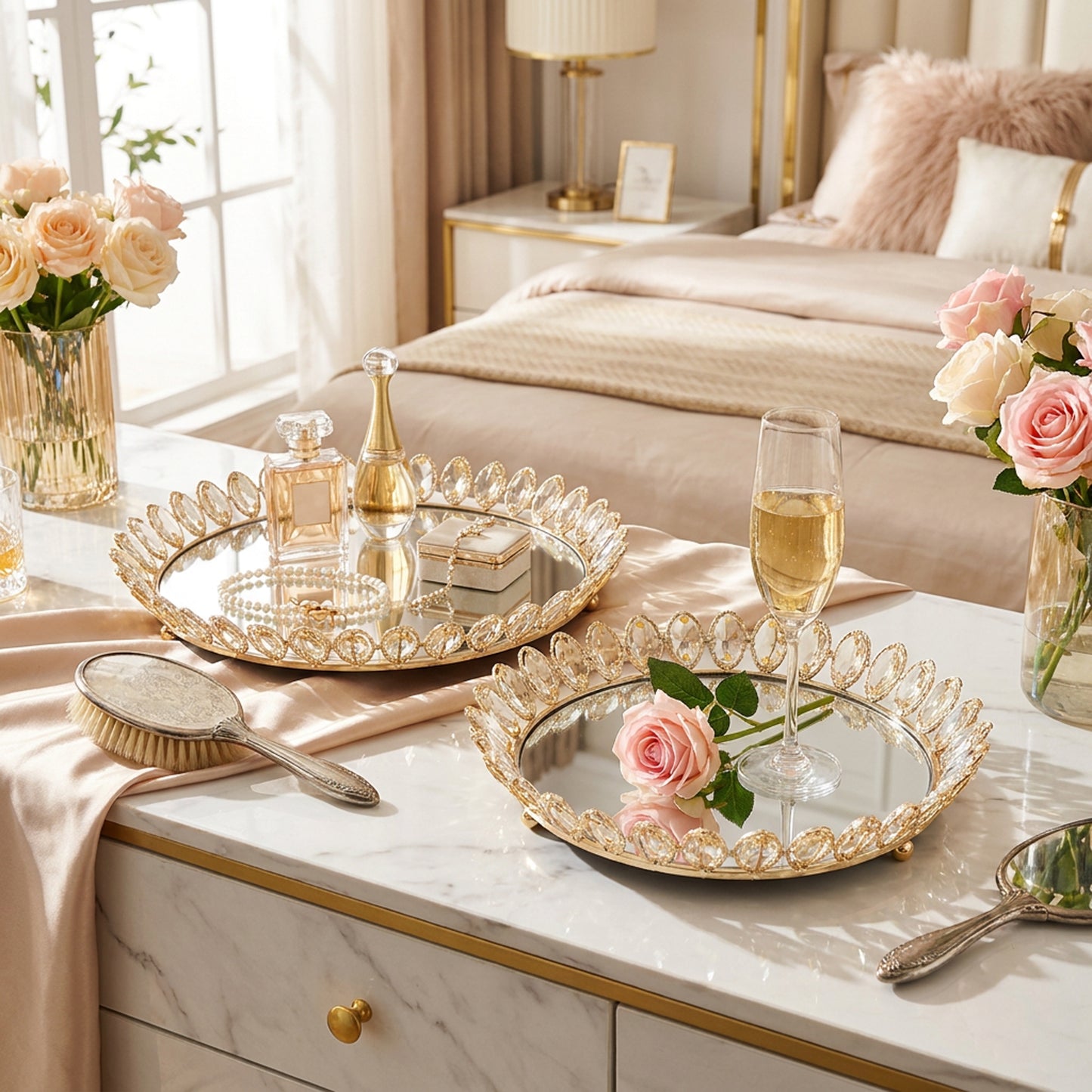 2 Piece Mirror Tray Set Gold