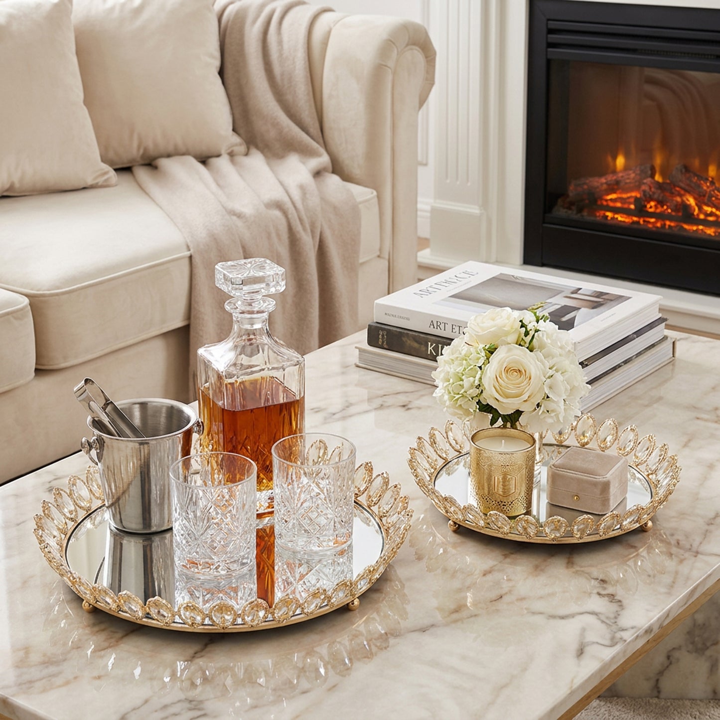 2 Piece Mirror Tray Set Gold