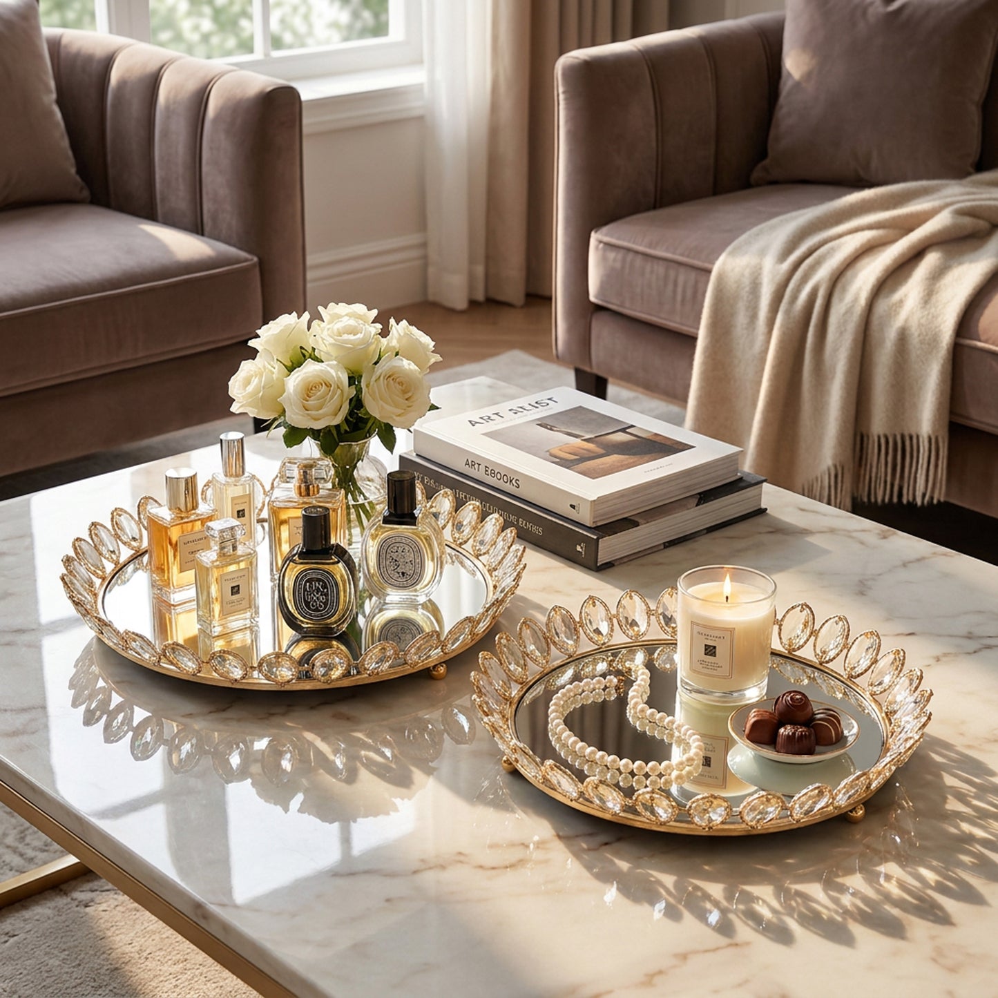 2 Piece Mirror Tray Set Gold
