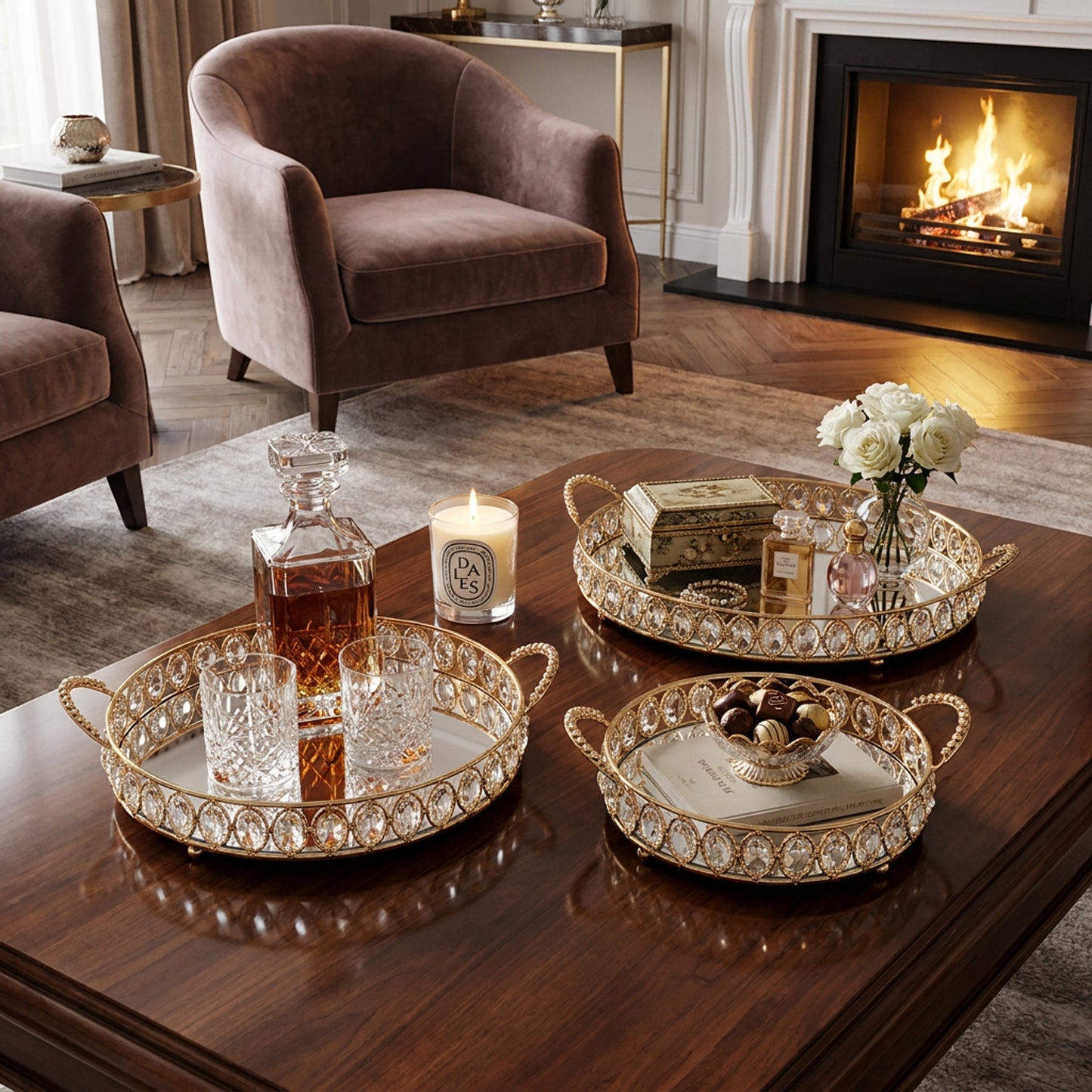 3 Piece Mirror Tray Set Gold