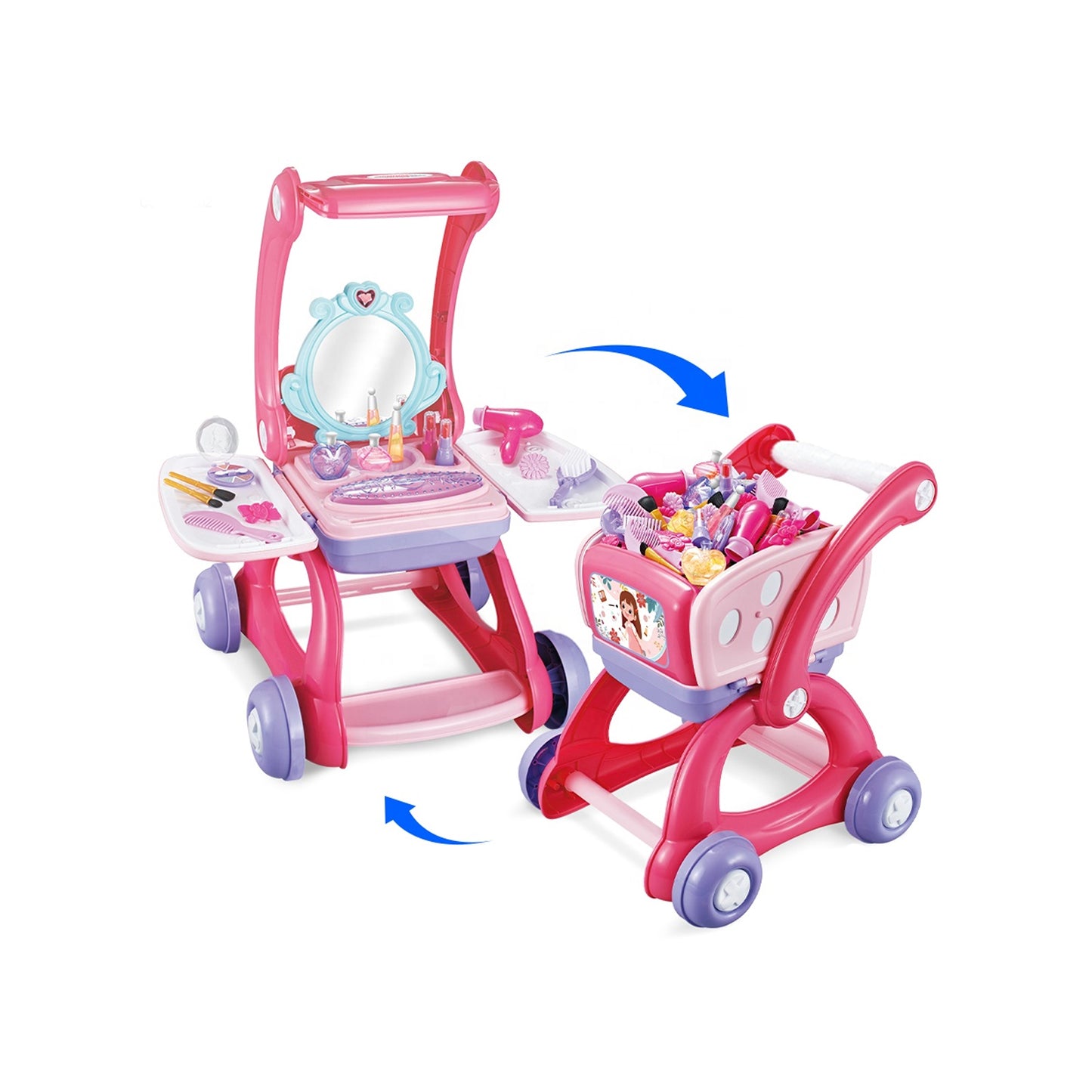 2-in-1 Shopping Trolley & Makeup Vanity Play Set Pink