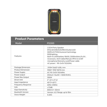 Skyworth 300W IPX4 Waterproof Party Speaker Black