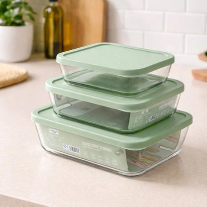 3 Piece Square Borosilicate Glass Food Storage Container Set Clear