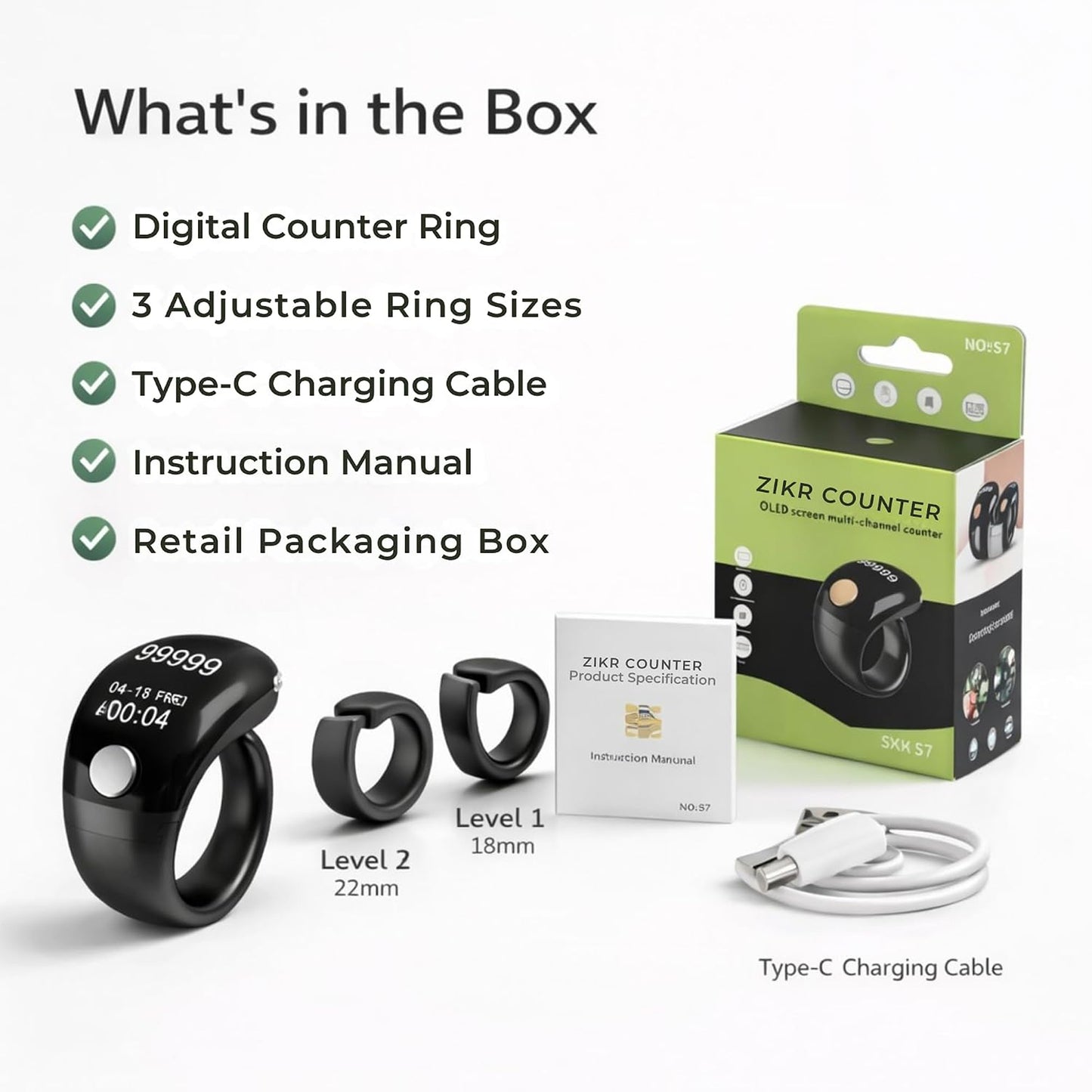 Adjustable Tasbih Smart Ring Counter Black