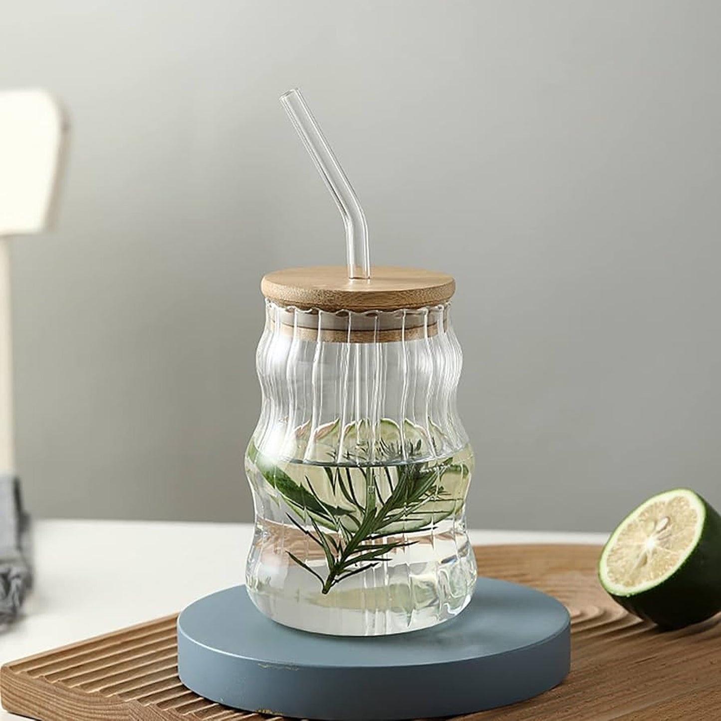 Wave Shaped Glass Cup with Bamboo Lid Clear