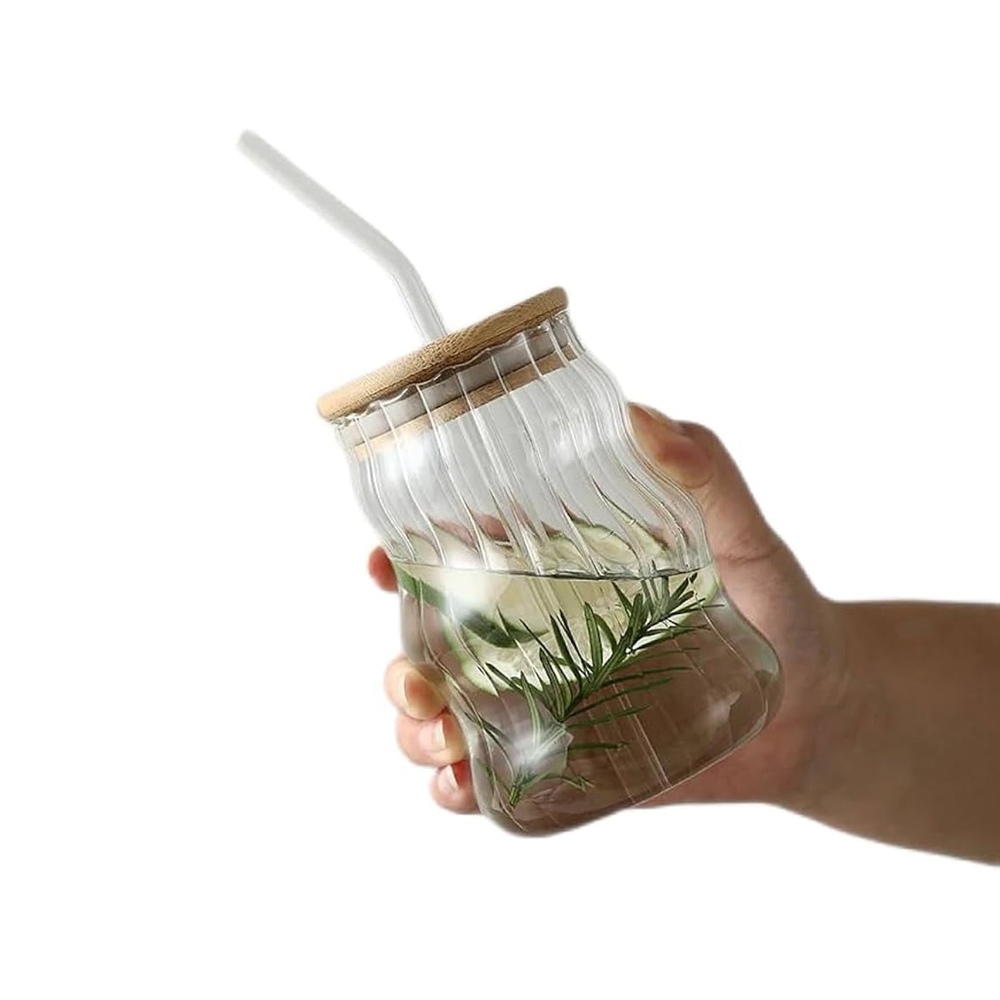 Wave Shaped Glass Cup with Bamboo Lid Clear