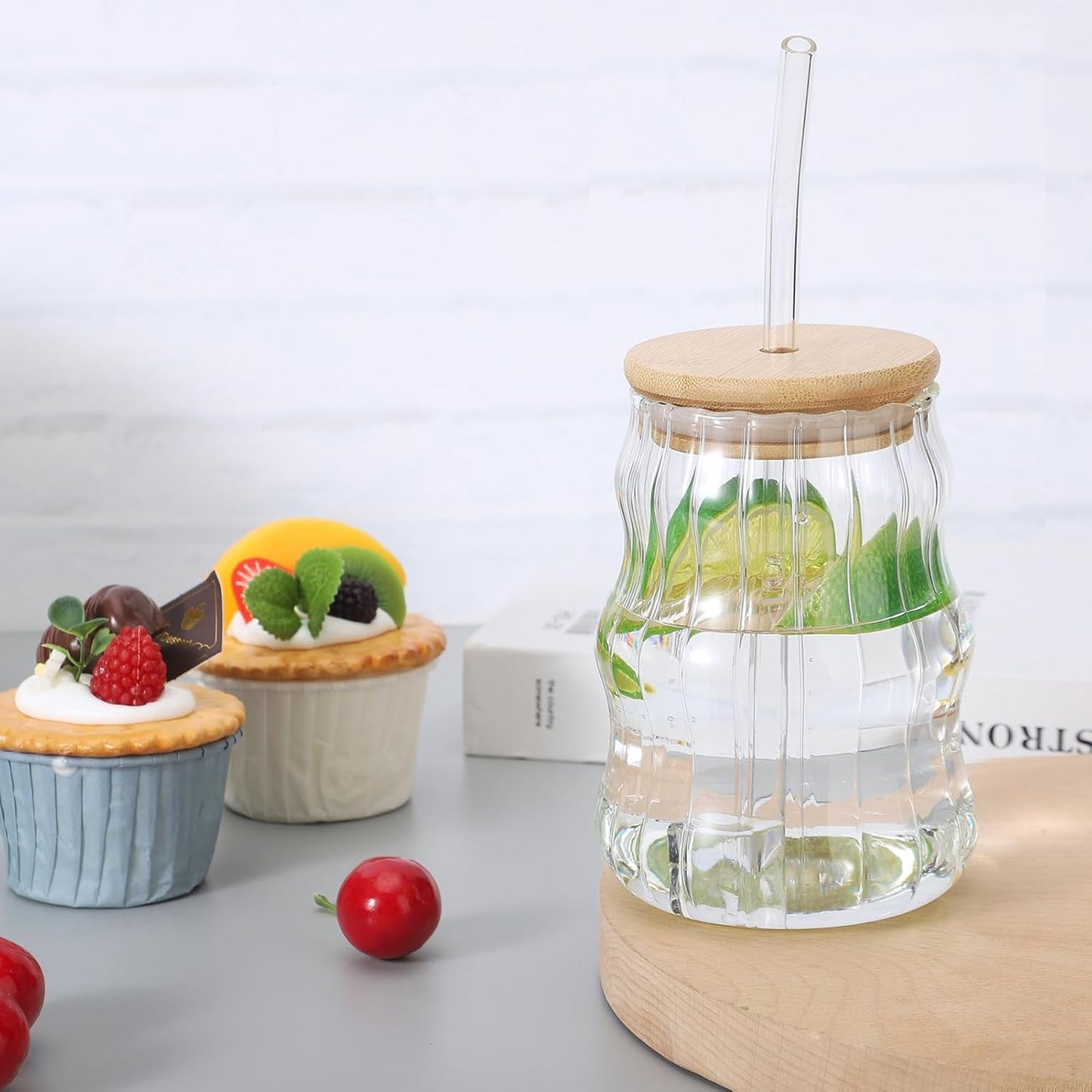 Wave Shaped Glass Cup with Bamboo Lid Clear