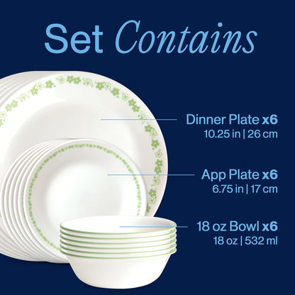 Corelle Spring Blossom Green 18 Piece Dinner Set White