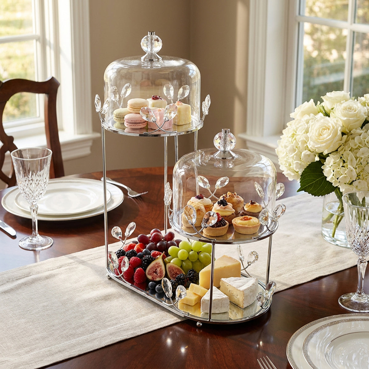 2 Tier Dessert Server with Domes Silver