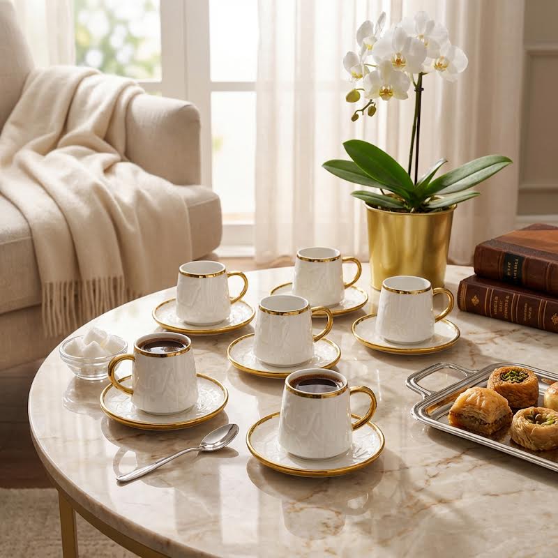 12 Piece Cup & Saucer Set Gold & White