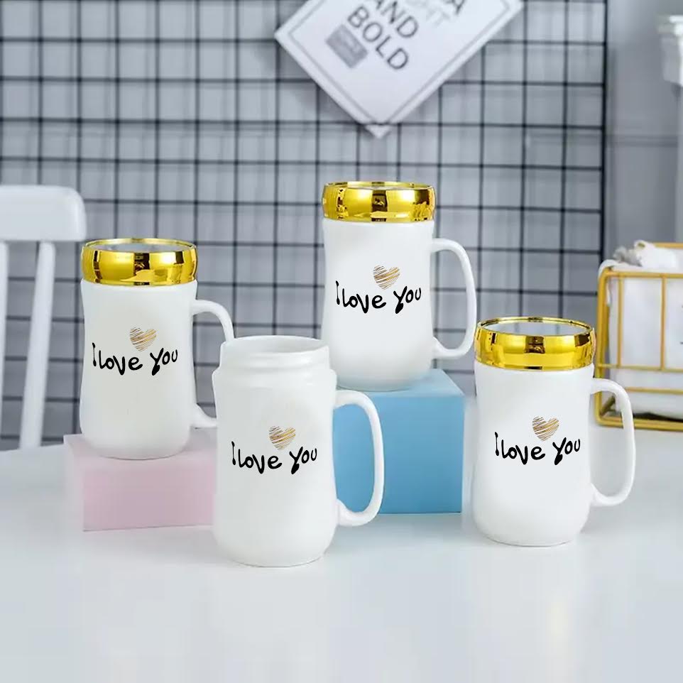 Kitchen Life 350ml Ceramic Mug With Lid White & Gold