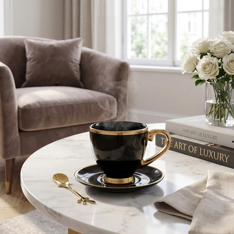 Cup & Saucer with Spoon Black & Gold