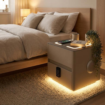 Side Pedestal with Safe & Wireless Charging Beige