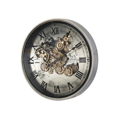 Marco World Map Industrial Silver Metal 60cm Moving Gears Wall Clock Gold