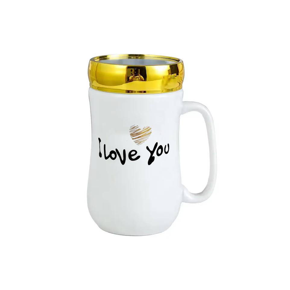 Kitchen Life 350ml Ceramic Mug With Lid White & Gold