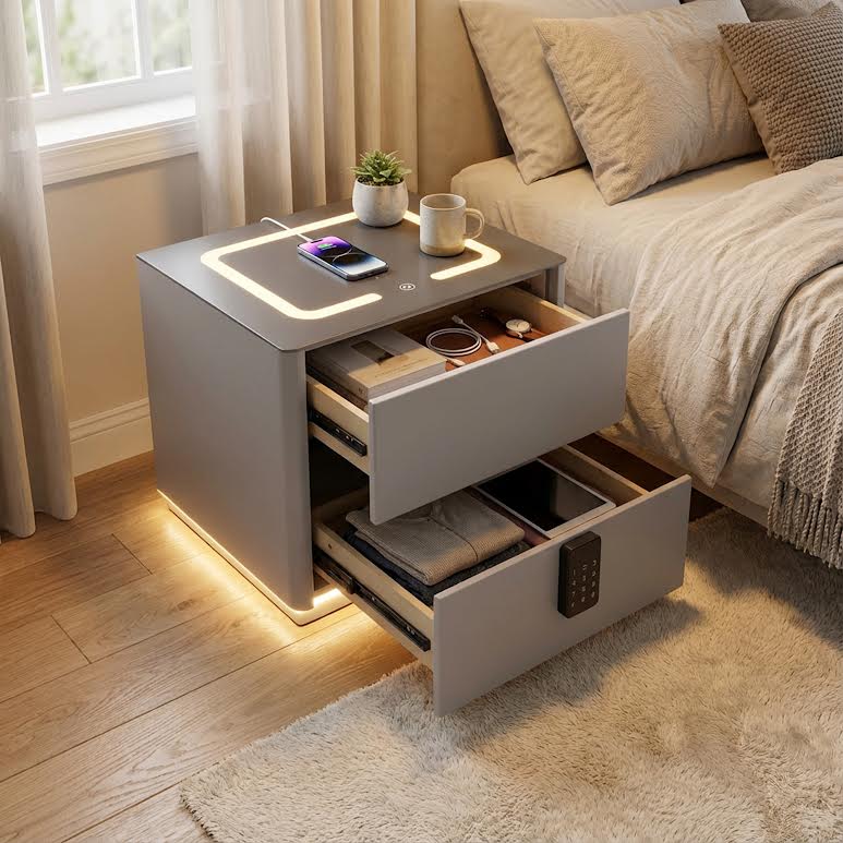Side Pedestal with Safe & Wireless Charging Grey