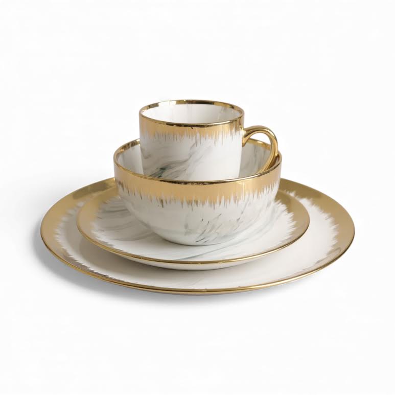 16 Piece Drip Design Dinner Set Gold & White