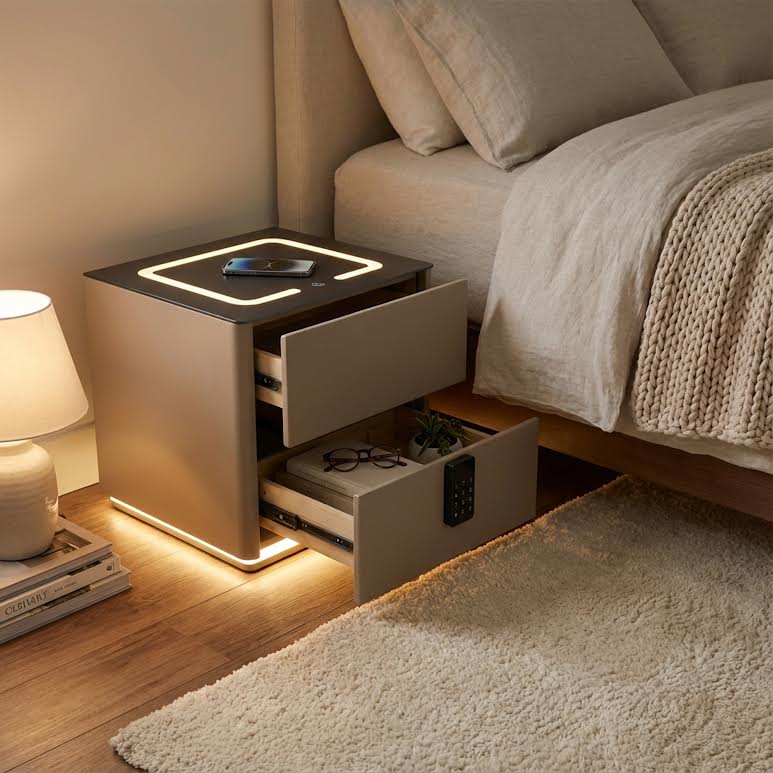 Side Pedestal with Safe & Wireless Charging Beige