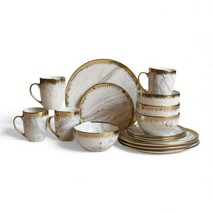 16 Piece Drip Design Dinner Set Gold & White