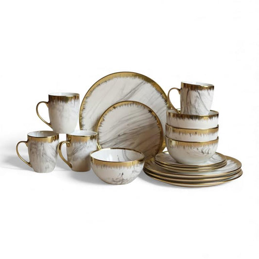 16 Piece Drip Design Dinner Set Gold & White