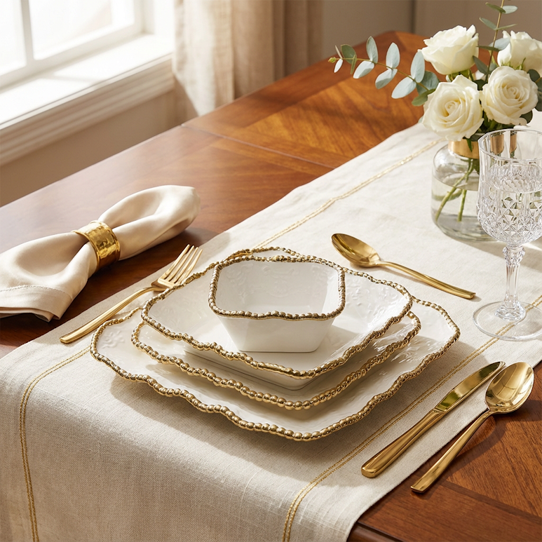24 Piece Square Dinner Set Gold & White