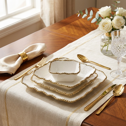 24 Piece Square Dinner Set Gold & White