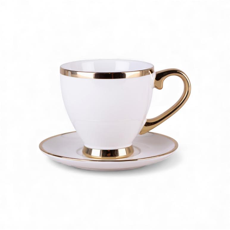 Cup & Saucer with Spoon White & Gold